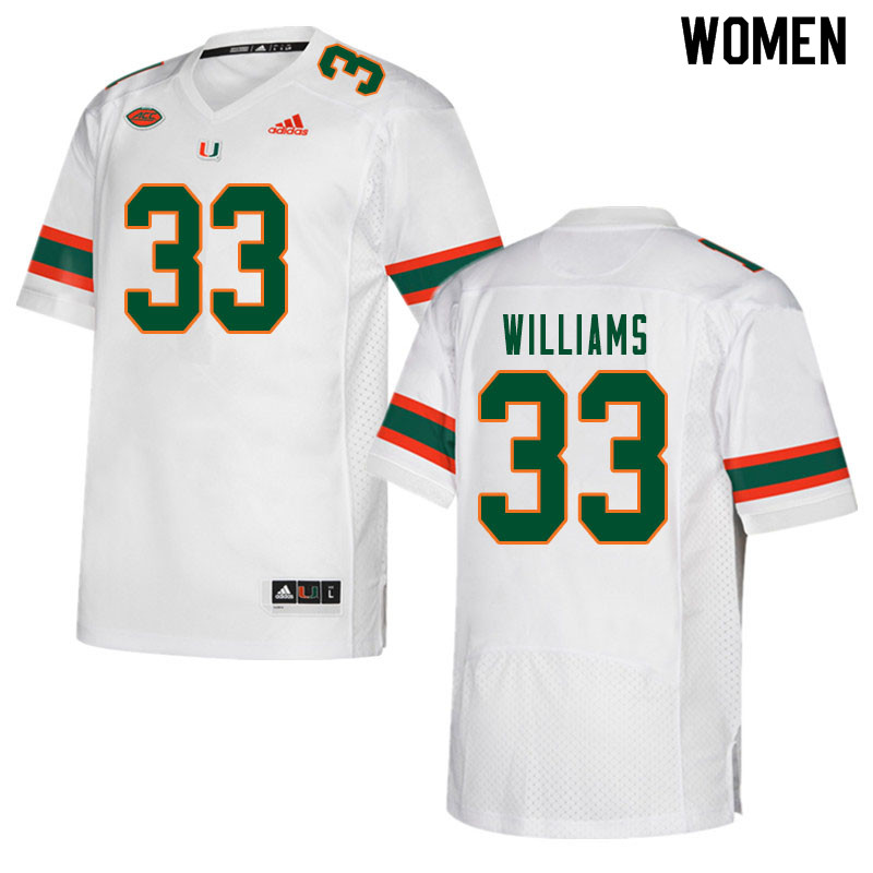 Women #33 Chantz Williams Miami Hurricanes College Football Jerseys Sale-White - Click Image to Close